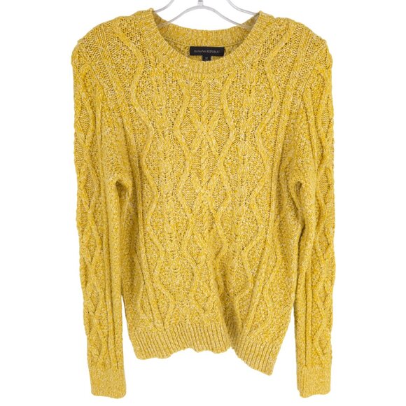 Banana Republic Cable-Knit Crewneck Sweater Marled Yellow Preppy Cheery Cotton M - Picture 1 of 16
